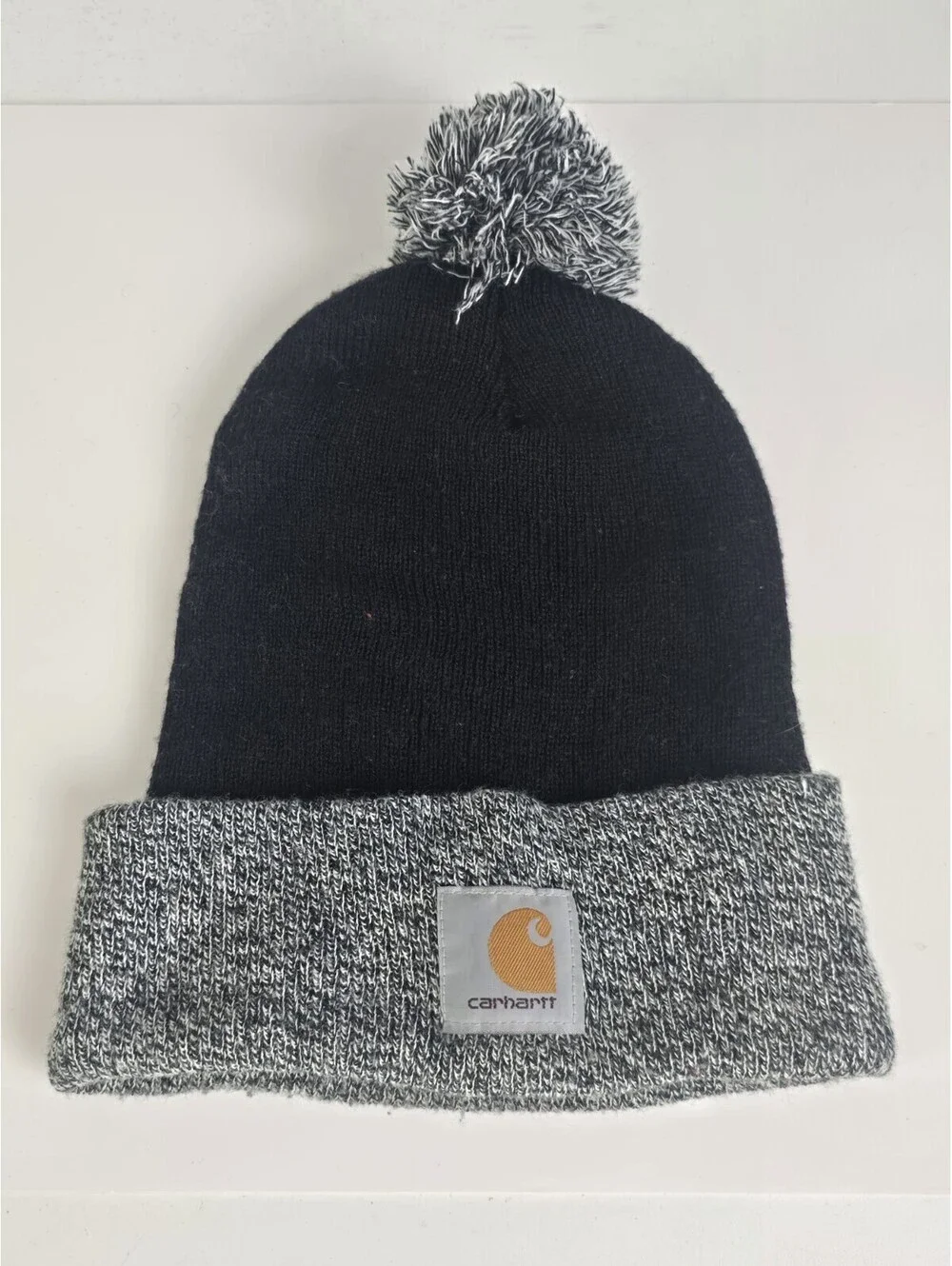 Carhartt Knit Pom Hat, Beanie Stocking Cap OS Gray Black Vintage Made In USA